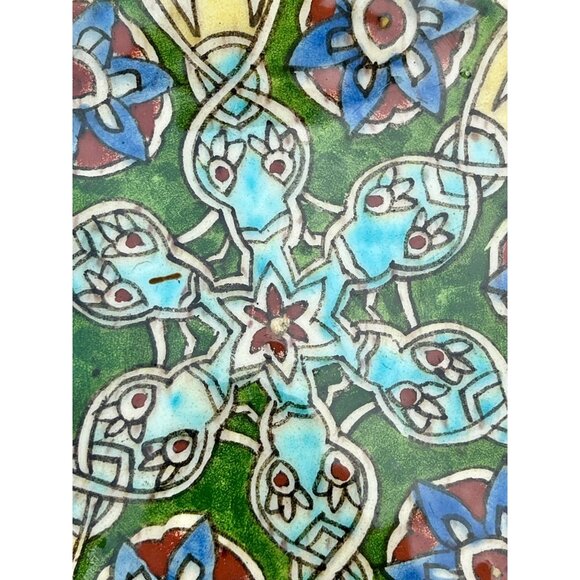 Ceramic Plate Hand Painted Floral Geometric Green Blue Yellow Red Colors 10.25”D - Picture 2 of 10